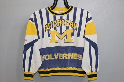 Vtg 90s Nutmeg Mills Michigan Wolverines Sweatshirt L Striped AOP Crewneck - Image 1 of 4
