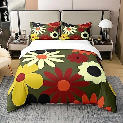 Vintage Floral 100% Cotton Duvet Cover for Kids,60S 70S Groovy King Multi 02 - Image 1 of 4
