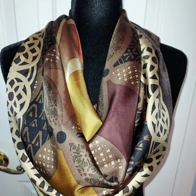 Adrienne Landau Studio Soft 100% Silk Geometric Brown, Beige, Gold Square Scarf - Image 1 of 4