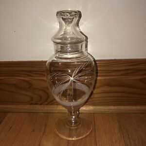 Vintage Clear Glass Apothecary Candy Jar Painted Palm Tree Bathroom Vanity