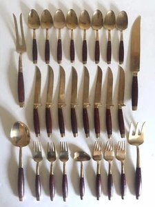 VINTAGE MID CENTURY MODERN THAI BRASS WOOD FLATWARE SERVING 27PC BOXED SET - Picture 1 of 8
