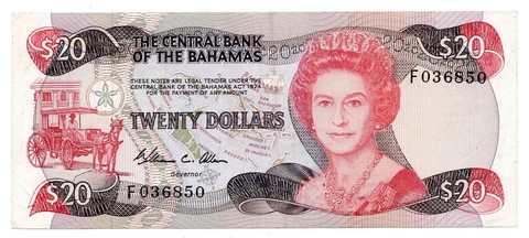 L.1974 (1984) BAHAMAS 20 DOLLARS NOTE - p47a VF+ Cover