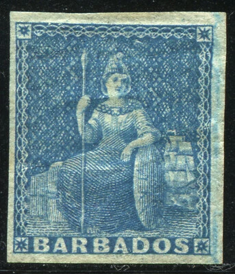 Barbados 1855 QV 1d. Papel blanco azul pálido SG 9, como nuevo con bisagras MH VF Foto 1 de 2