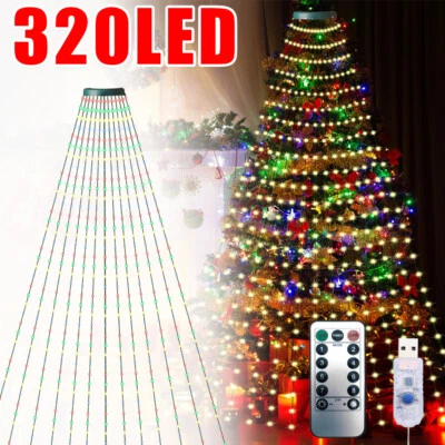 320 LED Christmas Tree Waterfall Lights USB Fairy String Xmas Tree Decor Remote - Image 1 of 4