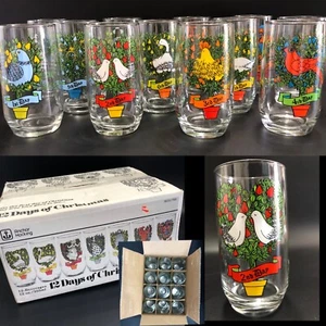 12 DAYS OF CHRISTMAS Drinking Glasses EXCELLENT 12 Anchor Hocking ORIG BOX USA - Picture 1 of 16