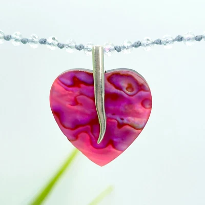 Pink Abalone Paua Shell Heart 925 Sterling Silver Handmade Pendant Necklace - Image 1 of 4