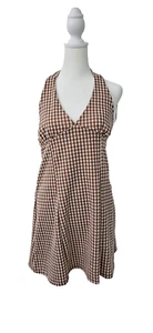 Originality Brick/Cream Check Halter Dress V Neck Tie back, Stretch, XL USA NWT - Picture 1 of 4