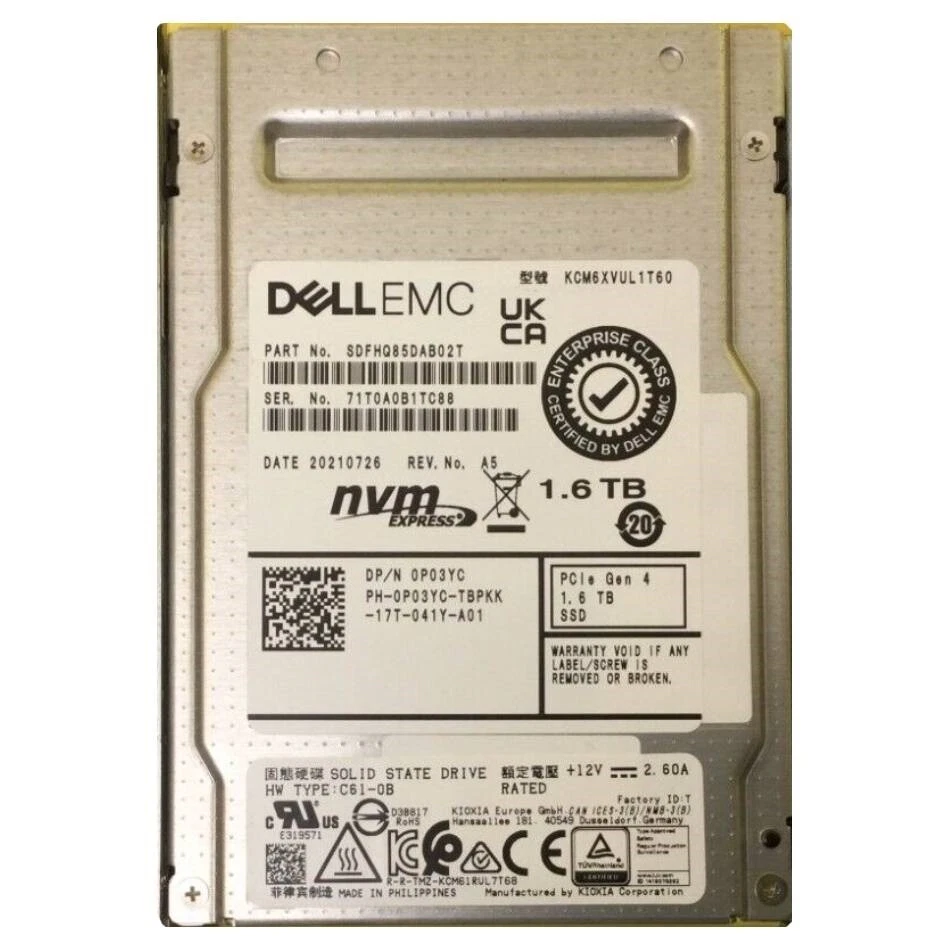 KIOXIA CM6 1.6TB DELL SSD 2.5" Enterprises U.2 NVMe PCIe Gen 4 KCM6XVUL1T60 - Image 1 of 1