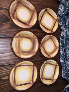 Vernon Ware Kiln Metlox Organdie 6 Retro Dessert Bread Plates Plaid Brown Yellow - Picture 1 of 2