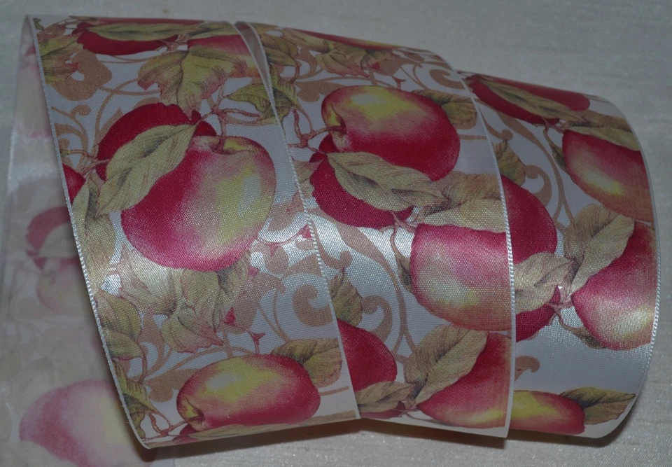 Fabric Ribbon~Fall Red Apple~Fruit~White~2.25"~Not Wired~Autumn Leaf~Gift~Bow - Image 1 of 1