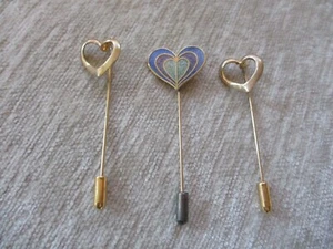 3 Vintage Metal Heart Stickpin Hatpins - Picture 1 of 8