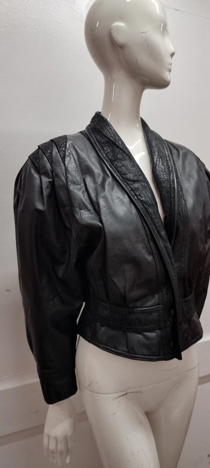 Black Motorcycle Leather Short Jacket New Wave Avante-Garde 1980s Bombshell S/M - Image 1 of 4