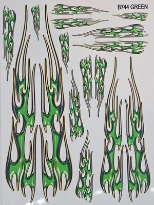 NOT CUT-B744 GREEN FLAMES-RC Car Clear Matte Finish Vinyl Sticker Sheet - Image 1 of 4