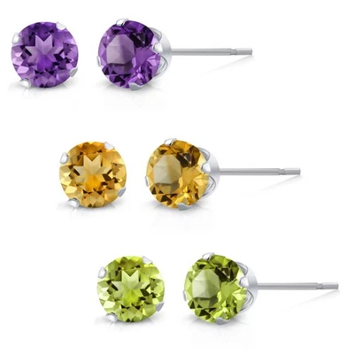 925 Sterling Silver Amethyst Citrine and Peridot Stud Earrings Set of 3 - Image 1 of 4