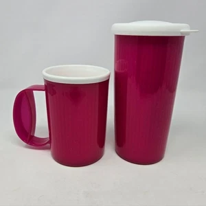 VINTAGE TUPPERWARE 90ER JAHRE ISOLIERGESCHIRR KAFFEEBECHER TUMBLER FUCHSIA REISE - Bild 1 von 12