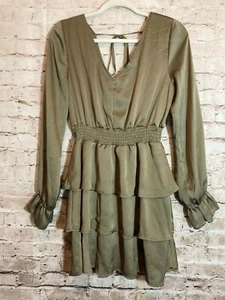 Altar'd State Babydoll Dress Womens Medium Olive Green Satin Ruffle Tiered Boho - Picture 1 of 14