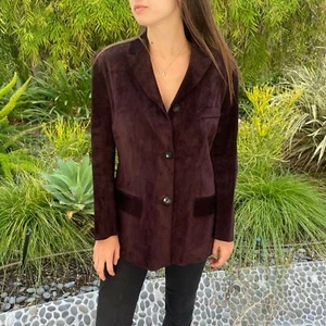 GUCCI Plum Suede Structured Button Up Raw Hem Logo Button Jacket Blazer - US 8  - Picture 1 of 12
