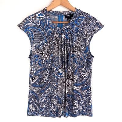 Liz Claiborne Career Blouse Top Women's PL Blue Ivory Floral U-Neck Cap Sleeve - Image 1 of 4