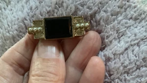 Vintage Gold Tone Black Enamel And Faux Pearls Pin Brooch 1.5” x .5” - Picture 1 of 4