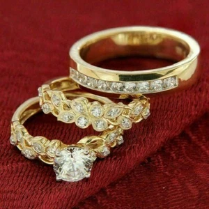 14K Yellow Gold Fn Lab-Created Diamond Wedding Trio His And Her Bridal Ring Set - Picture 1 of 10