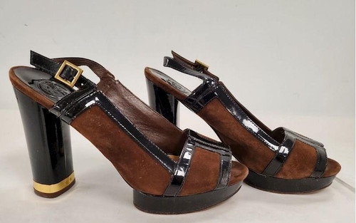 ? TORY BURCH Gemma marrone scamosciato tacco a blocco peeptoe nero bordo in vernice US 7 5
