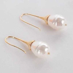 15-20 mm orecchini di perle bianchi fatti a mano conchiglia 18K clip-on unisex cerchio perline - Foto 1 di 3