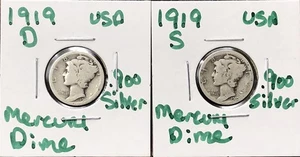 1919 D & 1919 S Mercury Dime US .900 90% Silver US Coin Lot - Picture 1 of 7
