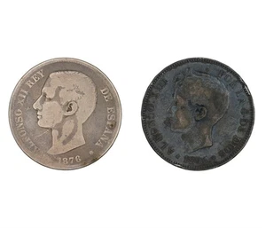 1876 & 1896 SPAIN 5 PESETAS COINS KING ALFONSO XII & XIII CIRCULATED .900 SILVER - Picture 1 of 2
