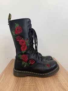 Dr Martens 1914 Vonda Red Roses Floral Black Zip Boots 14 Holes Size Uk 5 Eu 38 - Picture 1 of 14