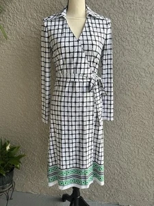 Brooks Brothers Damen Weiß Blau Grün Geometrie Jersey Strick Wickel Kleid Gr. S - Bild 1 von 7