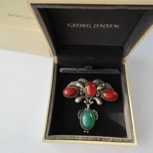 Georg Jensen Sterling Silver Brooch Green Agate & Carnelian Denmark Vintage Rare - Picture 1 of 10