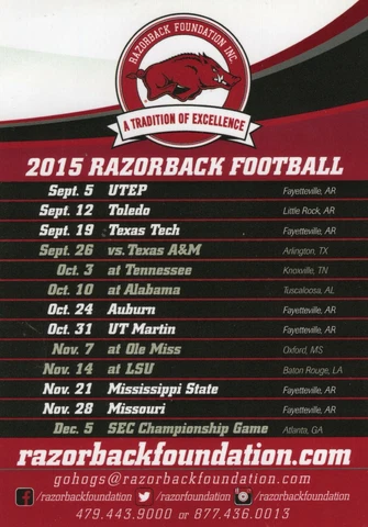 Arkansas Razorbacks Football 2015 SEC Schedule Magnet Cover
