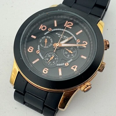 Akribos Quartz Watch Men 30m Women Rose Gold Black Date Day Analog New Batter 6" - Image 1 of 4