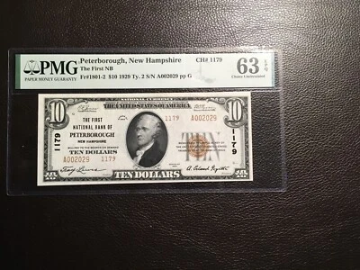 10.00 1929 National BN Peterborough New Hampshire PMG 63 choice uncirculated EPQ - Image 1 of 2