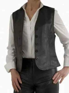 Leather Lambskin Waistcoat Women's Vest Coat Black Button Handmade Genuine Fit - Picture 1 of 5