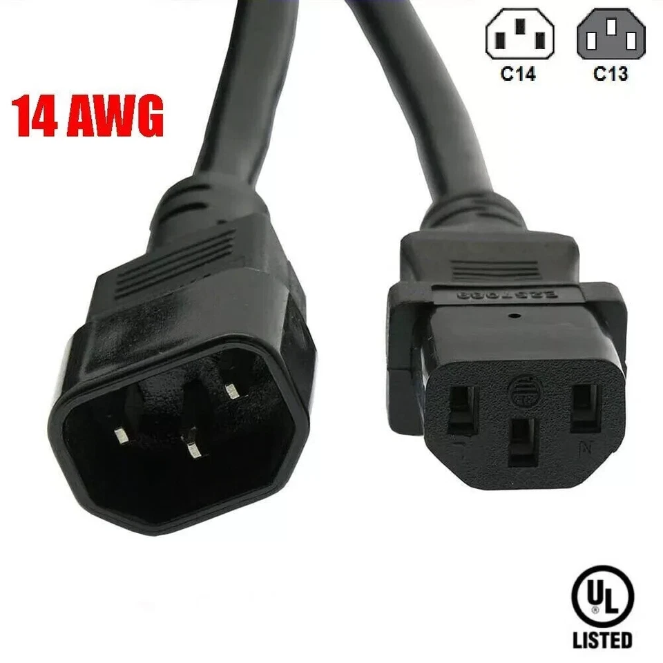IEC Power Cord  15A 120/250V Extension Cable C14 to C13 Male to Female 1 Meter - Image 1 of 2