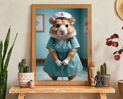 Retrato de enfermera hámster, retrato de animales, retrato realista de animales, arte de pared Foto 1 de 3