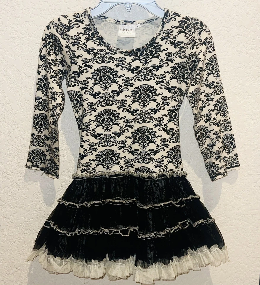 ooh la la couture Girls black/ivory Tulle Twirly Skirt LS Holiday dress Sz 6 - Image 1 of 3