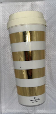 Kate Spade Travel Cup Tumbler with Lid Gold Stripe Off-White Cream BPA Free - Image 1 of 4