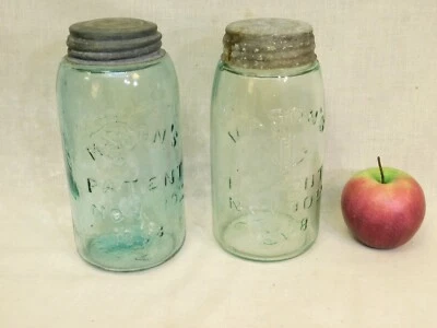Lot of 2 ~ Antique ~ 1858 Blue Mason Jars ~ Quart Size ~ With Zinc Tops - Image 1 of 4