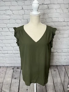 Loft olivgrüne Bluse Rüschen Flügelärmel Gr. Large tiefer V-Ausschnitt Boho süß - Bild 1 von 13