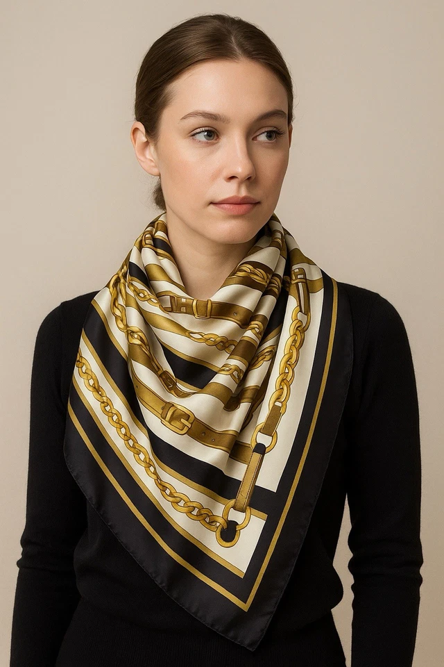 Azalea Bellagio Italy 100% Silk Scarf Gold Chain Belt Print Black Border Vintage - Image 1 of 4