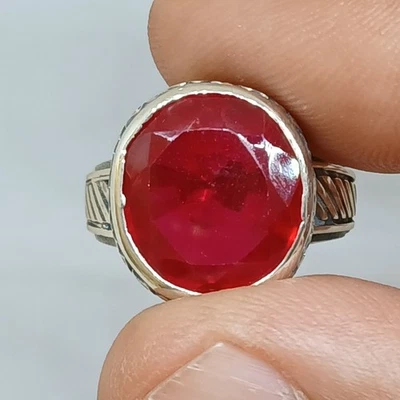 Eternity Natural Cabochon Ruby Men's Gemstone Ring 925 S-Silver Engraved Size8.7 - Image 1 of 4