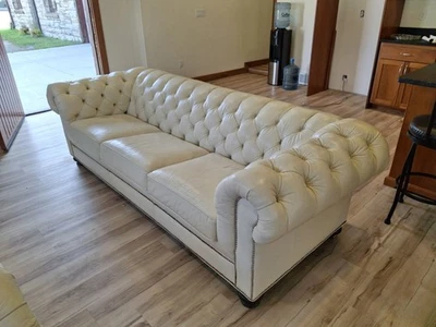 Ethan Allen заказ кожи кремовый белый диван Chesterfield ногтей отделка  - Изображение 1 из 4