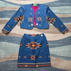 Vintage WRAPS Cowgirl Western Aztec Jacket Skirt Set Medium Made In USA - Picture 1 of 8