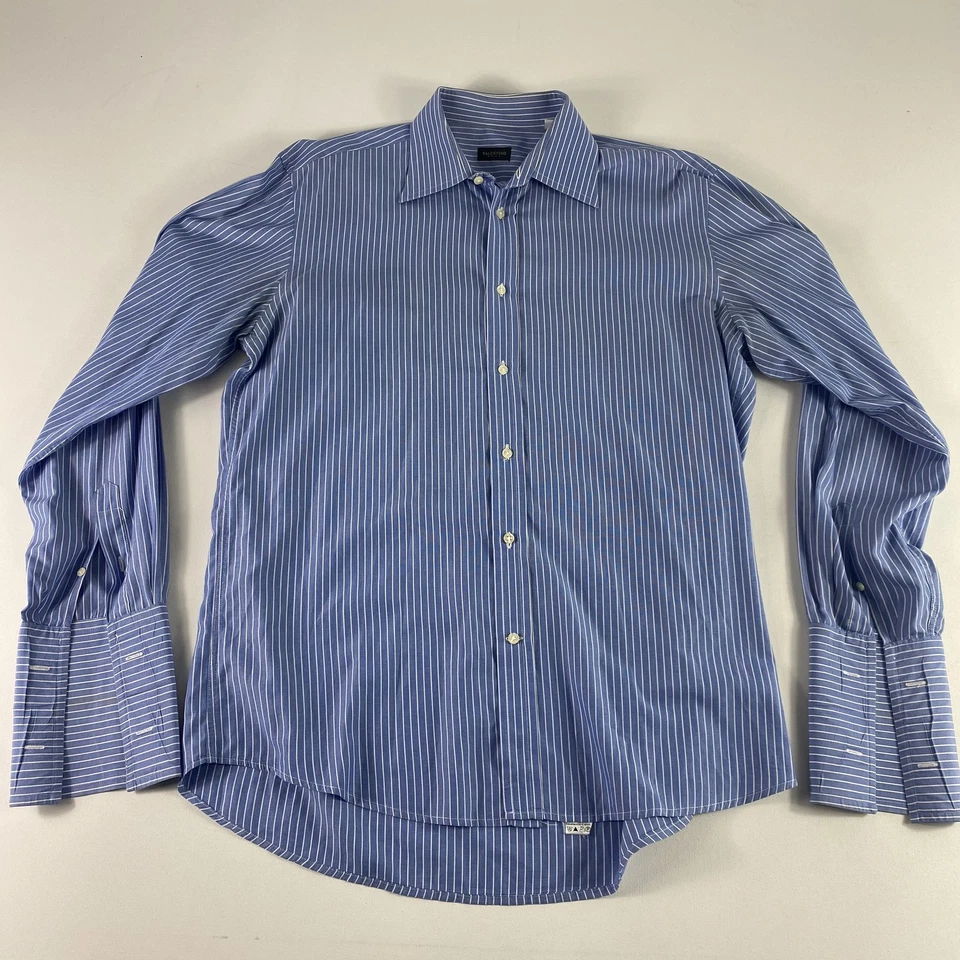 Camisa Valentino Roma Para Hombre 16 Grande Azul Blanco Rayas Puño Francés Algodón Botón Foto 1 de 4