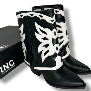 NEW INC Western Boots Size 7.5 Black White Cowboy Cowgirl Pointed Cuffed Bootie - Picture 1 of 13