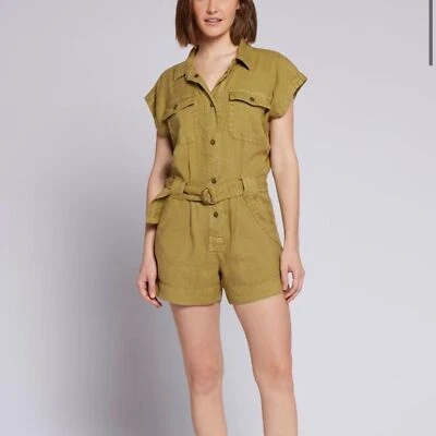 Current Elliott NWT The Lynwood Romper Shorts Belt Snaps Khaki MSRP $284 Size XL - Image 1 of 4