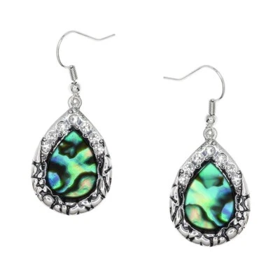 Abalone Shell Earrings Teardrop Crystal Sea Sand Beach Drop SILVER 0373 - Image 1 of 2