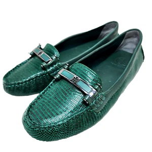 TORY BURCH Green Snakeskin Driving Mocs Loafers Sz 8.5 Leather Driver Flats - Picture 1 of 13